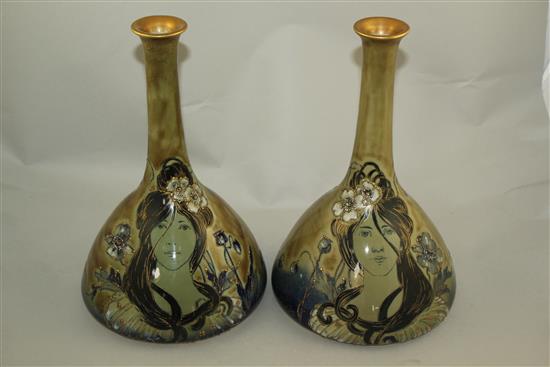 A pair of Amphora Art Nouveau bottle vases, c.1900, by Reissner, Stellmacher & Kestler, 29cm